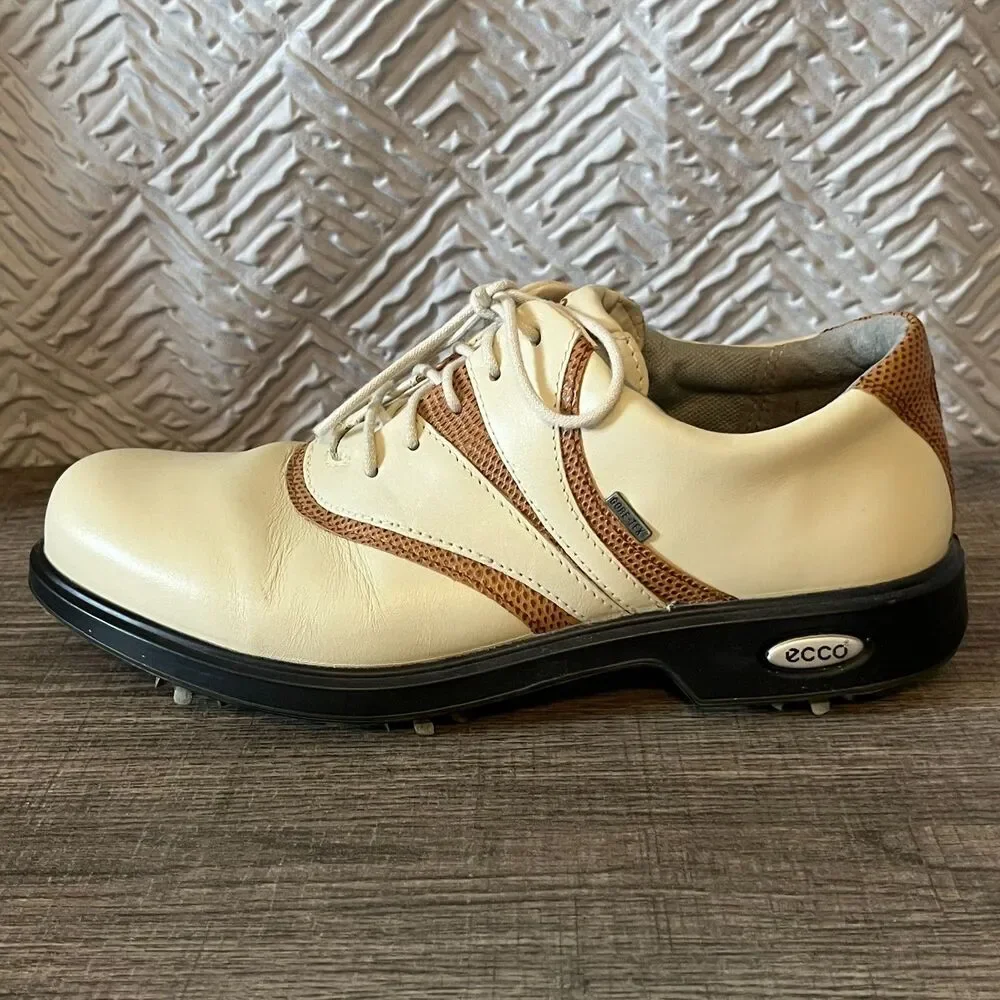 ECCO Gore-Tex Leather Golf Shoes Cream Brown Spiked Waterproof EU 37 US‎ 6-6.5